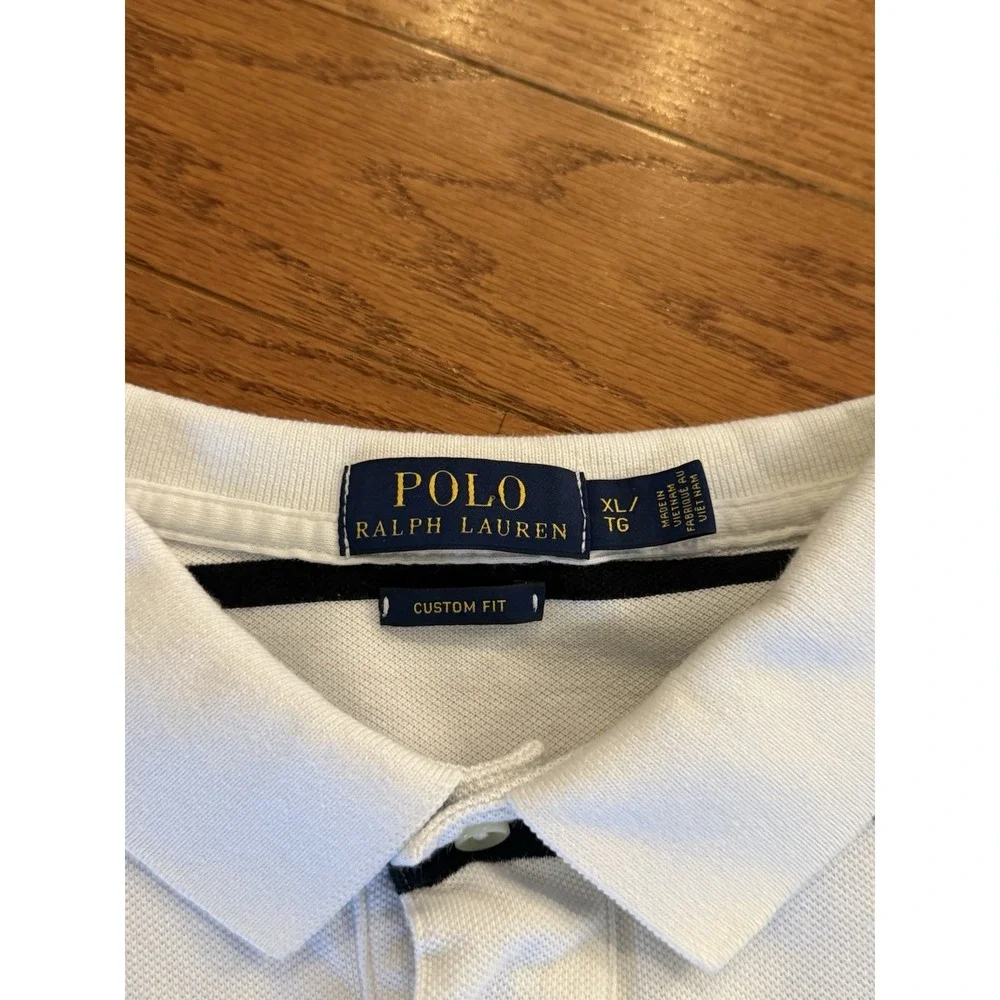 Polo Ralph Lauren Mens XL White Black Stripe Custom Fit Pique Polo Shirt Cotton